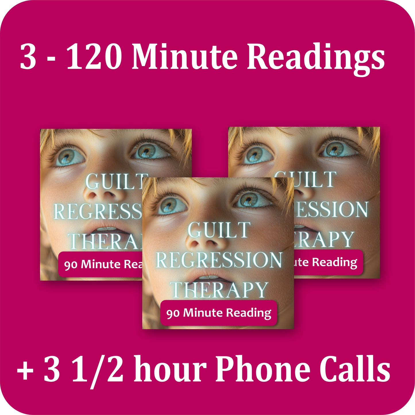 mint green background with 3 images from the Guilt Regression service and each represents a 90 minute reading. there are 2 sentences 1 says 3- 90 minute readings the second says + 3 30 minute phone calls