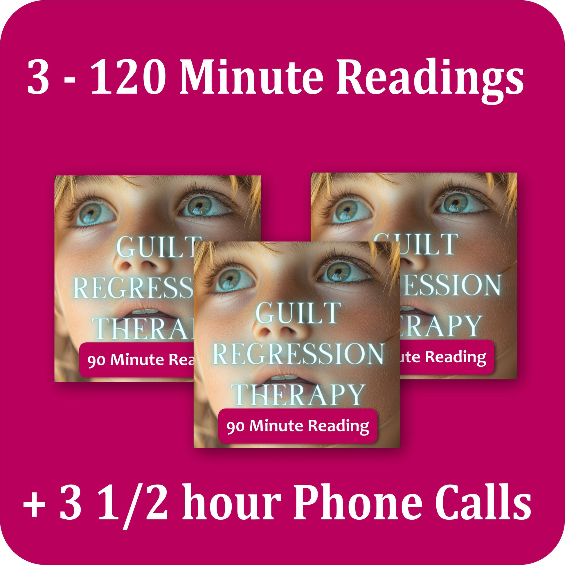 mint green background with 3 images from the Guilt Regression service and each represents a 90 minute reading. there are 2 sentences 1 says 3- 90 minute readings the second says + 3 30 minute phone calls
