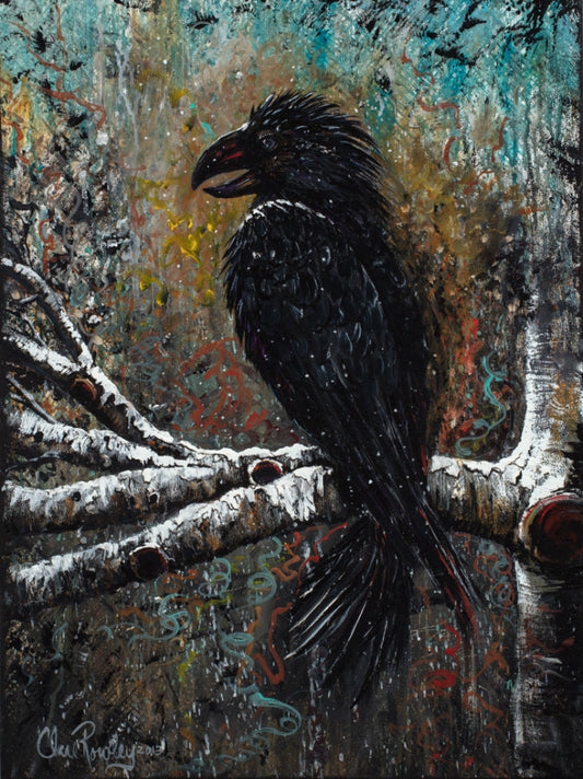 An acrylic painting of a raven perched on a branch with snow on the branches and ground, signed by Clare Rowley.