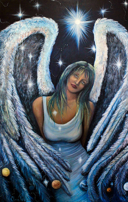 textured oil painting of an angle that is huge and combined with the planets rich vibrant color