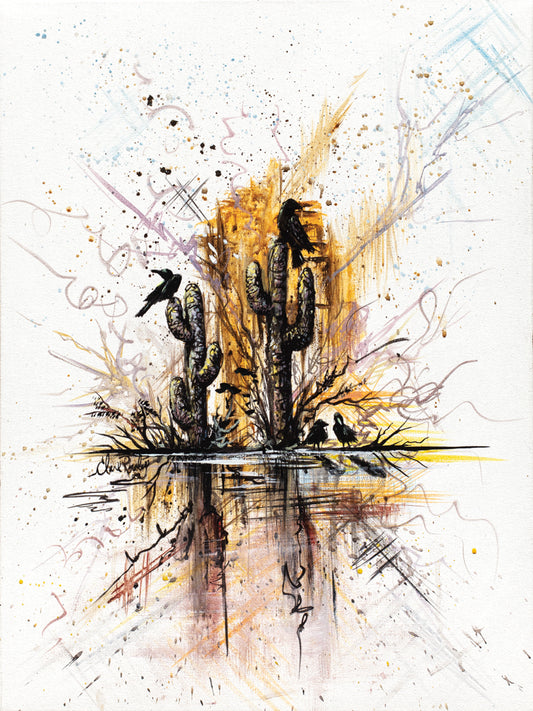 An acrylic painting featuring a group of ravens perched on a cactus with a vibrant and artistic depiction, surrounded by a abstract and colorful background.