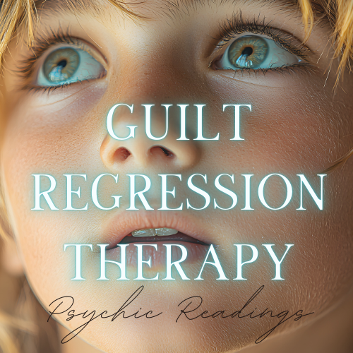 photo of a young child looking up and to the right, implying they are being deceptive. The beautiful young face has the words Guilt Regression Therapy and is used as the image icon for clare rowley's guilt regression options or variants
