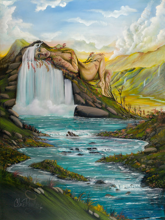 blue sky with clouds set in background of a canyon with golden highlights in t he green valley below with waterfalls falling and a river set in the distance. Mother Earth or Mother Ghia is a woman that is the mountain with roots, trees and vines coming from her and holding her to the earth and a waterfall cascaded over her head in place of hair that plummets to the waterfall below her that spreads out in front of those looking at this incredible original oil painting by clare rowley