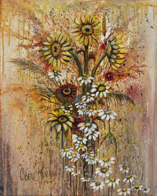 abstract painting of a bouquet filled with different styles of Sunflowers, daisies and green plants Cascading down the canvas with yellow, orange and red Acrylic Paint with splatters