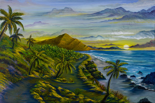 A tropical coastal landscape painting featuring palm trees, a winding path along the shore, blue ocean water, distant mountains, and a glowing sun on the horizon.